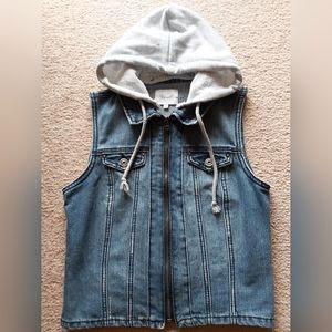 Kismet Distressed Hooded  Zip Up Denim Vest